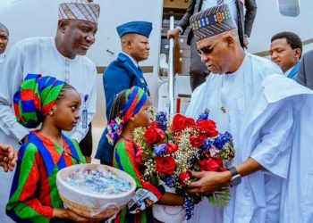 Shettima Lands in Gusau to Receive Governor Lawal, Thousands into APC