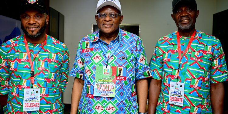 L-R Deputy National Treasurer of the All Progressive Congress APC, Engineer Ben Akak, Cross River State Governor, Prince Bassey Otu and the Chairman, All Progressive Congress APC, Cross River State, Hon. Chris Etta, at the Party's National Convention in Abuja, weekend.