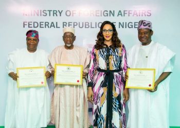 L-R Ambassador Ayodele Oke – Ambassador-Designate to France; Ambassador Aminu Dalhatu – Ambassador-Designate to the United Kingdom; Bianca Ojukwu–Minister of State for Foreign Affairs; and Senator Jimoh Ibrahim – Permanent Representative-Designate to the United Nations, New York.