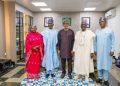 L–R: Executive-Director, Commercial and Industrialisation, North Central Development Commission (NCDC), Hajiya Ramatu Ibrahim; Managing Director, NCDC, Dr. Cyril Tsenyil; Minister of Solid Minerals Development, Mr. Dele Alake; Executive-Director, Finance, NCDC, Prof. Muhammed Bashar Nuhu; and Executive-Director, Corporate Services, NCDC, James Abel Uloko, during a courtesy visit to the Ministry of Solid Minerals Development in Abuja.