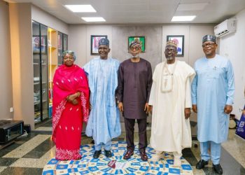 L–R: Executive-Director, Commercial and Industrialisation, North Central Development Commission (NCDC), Hajiya Ramatu Ibrahim; Managing Director, NCDC, Dr. Cyril Tsenyil; Minister of Solid Minerals Development, Mr. Dele Alake; Executive-Director, Finance, NCDC, Prof. Muhammed Bashar Nuhu; and Executive-Director, Corporate Services, NCDC, James Abel Uloko, during a courtesy visit to the Ministry of Solid Minerals Development in Abuja.