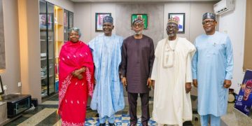 L–R: Executive-Director, Commercial and Industrialisation, North Central Development Commission (NCDC), Hajiya Ramatu Ibrahim; Managing Director, NCDC, Dr. Cyril Tsenyil; Minister of Solid Minerals Development, Mr. Dele Alake; Executive-Director, Finance, NCDC, Prof. Muhammed Bashar Nuhu; and Executive-Director, Corporate Services, NCDC, James Abel Uloko, during a courtesy visit to the Ministry of Solid Minerals Development in Abuja.