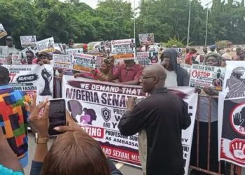 Protesters Storm N’Assembly, Ask Lawmakers to Halt Prof. Abayomi’s Ambassadorial Confirmation