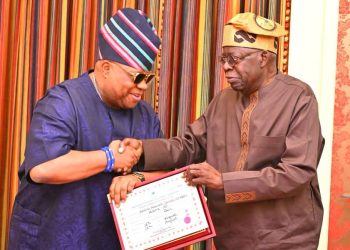 Gov.  Adeleke Presents His Certificate of Return to President Tinubu at State House