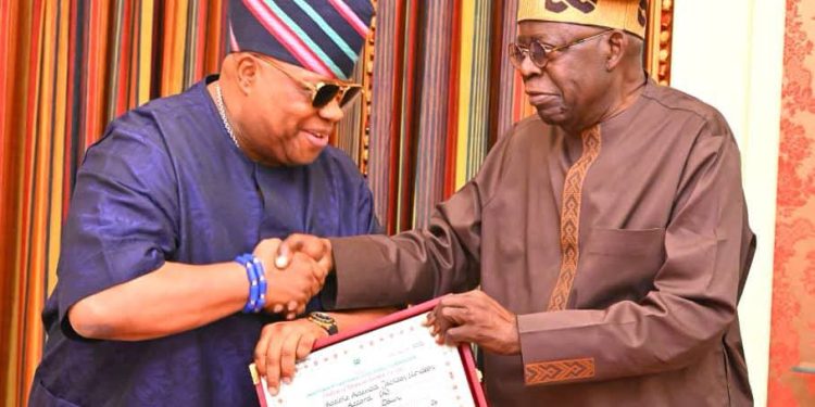 Gov. Adeleke Presents His Certificate of Return to President Tinubu at State House