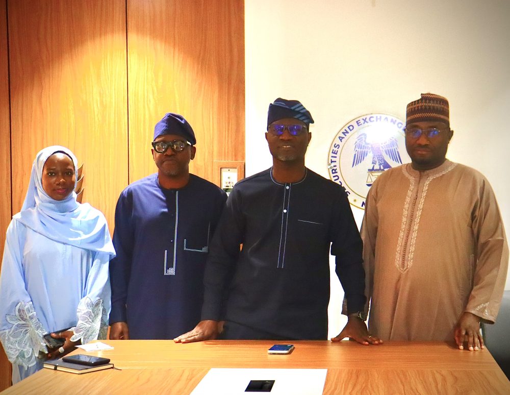 (R-L): Technical Advisor to the President on Economic and Financial Inclusion, Dr Nurudeen Abubakar Zauro; Director-General/CEO Securities and Exchange Commission (SEC), Dr. Emomotimi Agama; Mr Akin Leke, and Ms Amra Aliyu of the Office of the Technical Advisor to the President on Economic and Financial Inclusion, during a meeting at SEC office in Abuja at the weekend.