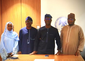(R-L): Technical Advisor to the President on Economic and Financial Inclusion, Dr Nurudeen Abubakar Zauro; Director-General/CEO Securities and Exchange Commission (SEC), Dr. Emomotimi Agama; Mr Akin Leke, and Ms Amra Aliyu of the Office of the Technical Advisor to the President on Economic and Financial Inclusion, during a meeting at SEC office in Abuja at the weekend.